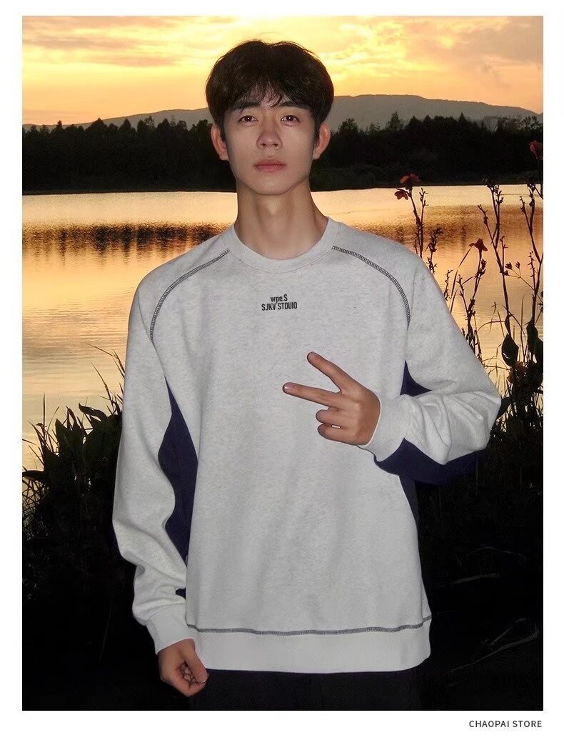 boy New Style Patchwork Navy Blue Crew Neck Fleece Sweatshirt Autumn Winter American Heavyweight Long Sleeve Men's Hoodless_voghion.com