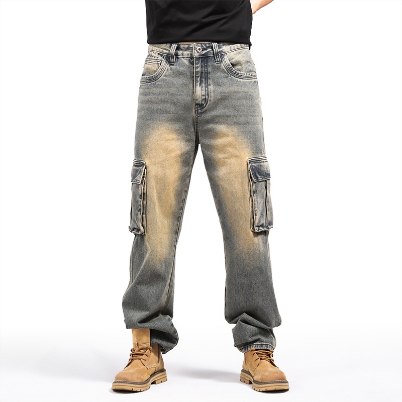 Boy Style Multi-Pocket Hip-Hop Cargo Jeans für Herren, lockere Passform, Übergröße und amerikanischer Cross-Mirror, europäischer Bahnhof_voghion.com