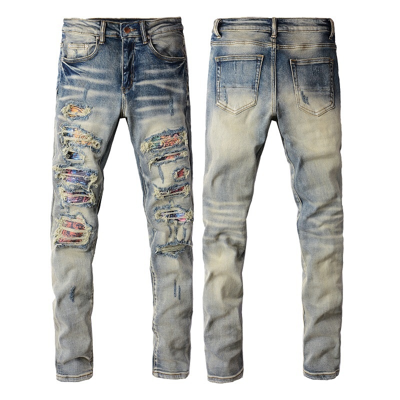 boy European And American High Street Ripped With Patches Slim Fit Stretch Jeans Men's Dropshipping Small Foot Pants 876_voghion.com