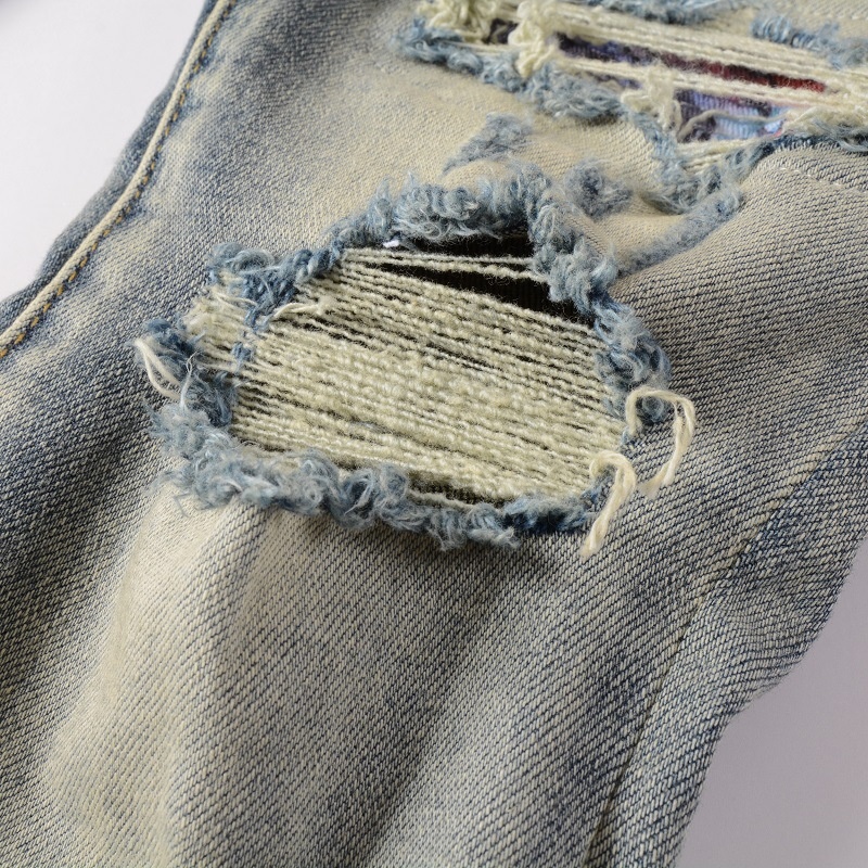 boy European And American High Street Ripped With Patches Slim Fit Stretch Jeans Men's Dropshipping Small Foot Pants 876_voghion.com