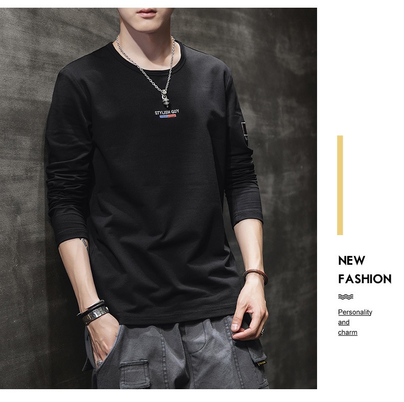 T-shirt à manches longues et col rond pour garçon, 100% coton, coupe ajustée, style sport, sweat-shirt imprimé tendance, t-shirt basique pour homme_voghion.com