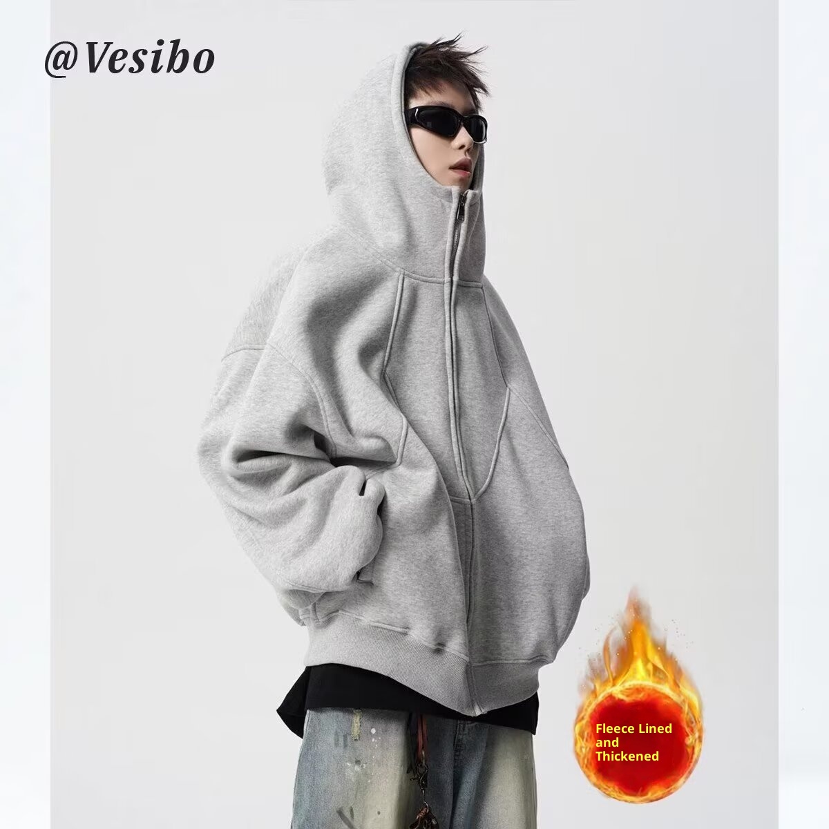 boy 2025 New Hong Kong Style Loose Simple Hooded Fleece Sweatshirt Zipper Unisex Trendy Stylish Versatile_voghion.com