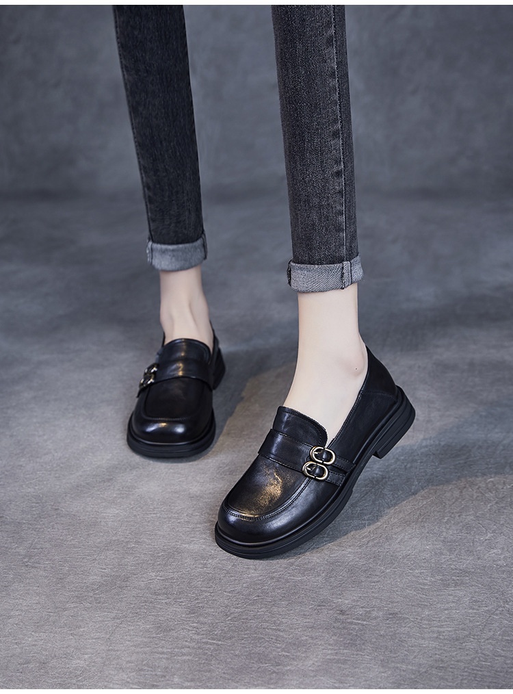 Elegante natuurlijke kleur toplaag echte leren damesschoenen retro Britse stijl lage hak zachte zool instappers_voghion.com