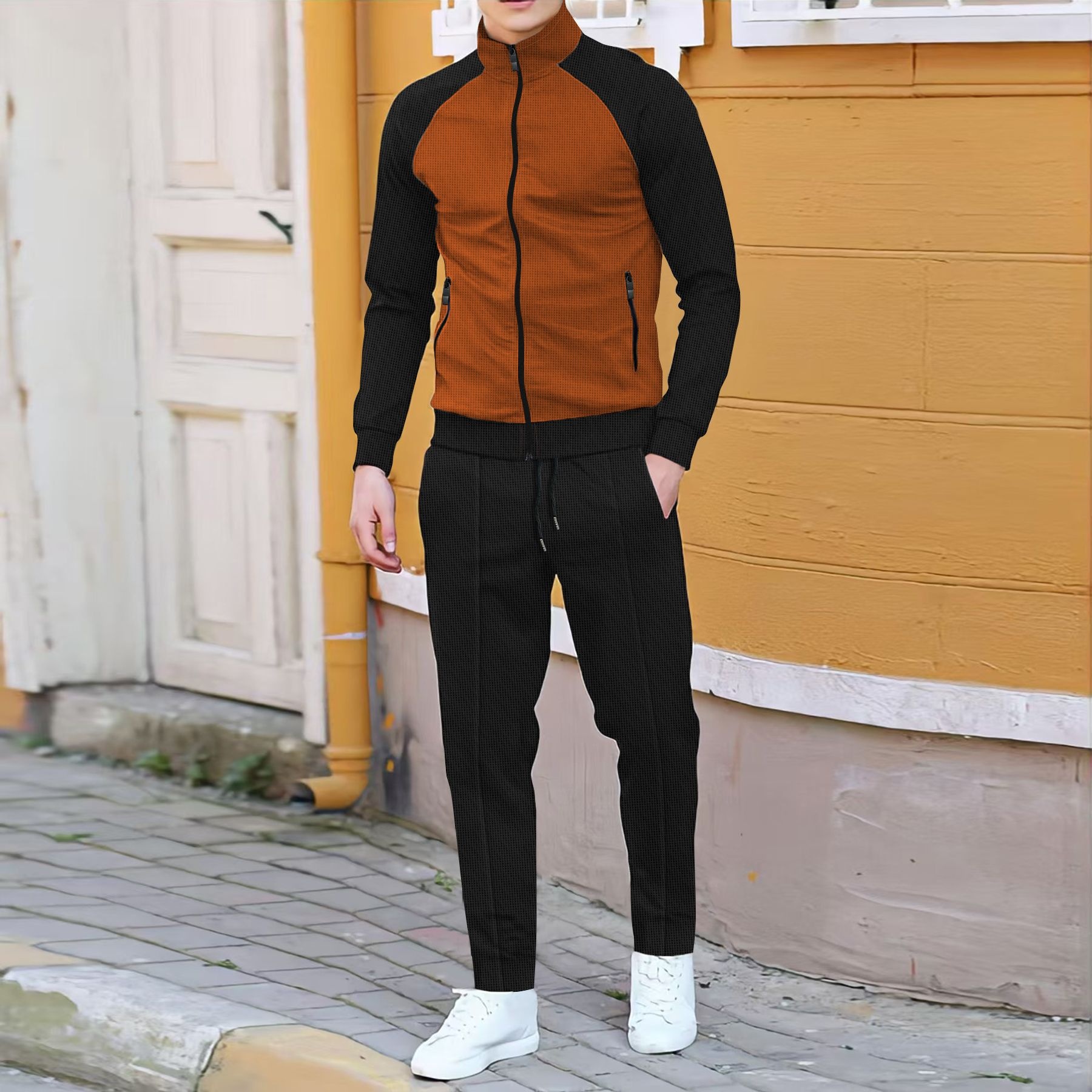001 European American New Autumn And Winter Cross-Border Men's Daily Waffle Color Block Long Sleeve Jacket_voghion.com