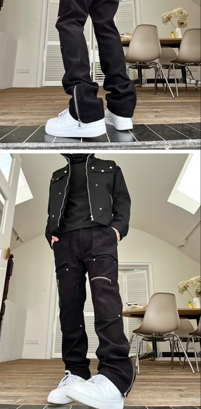 Pantaloni cargo con cerniera divisi per uomo, stile hip hop americano, alla moda, jeans dritti slim fit, dropshipping_voghion.com