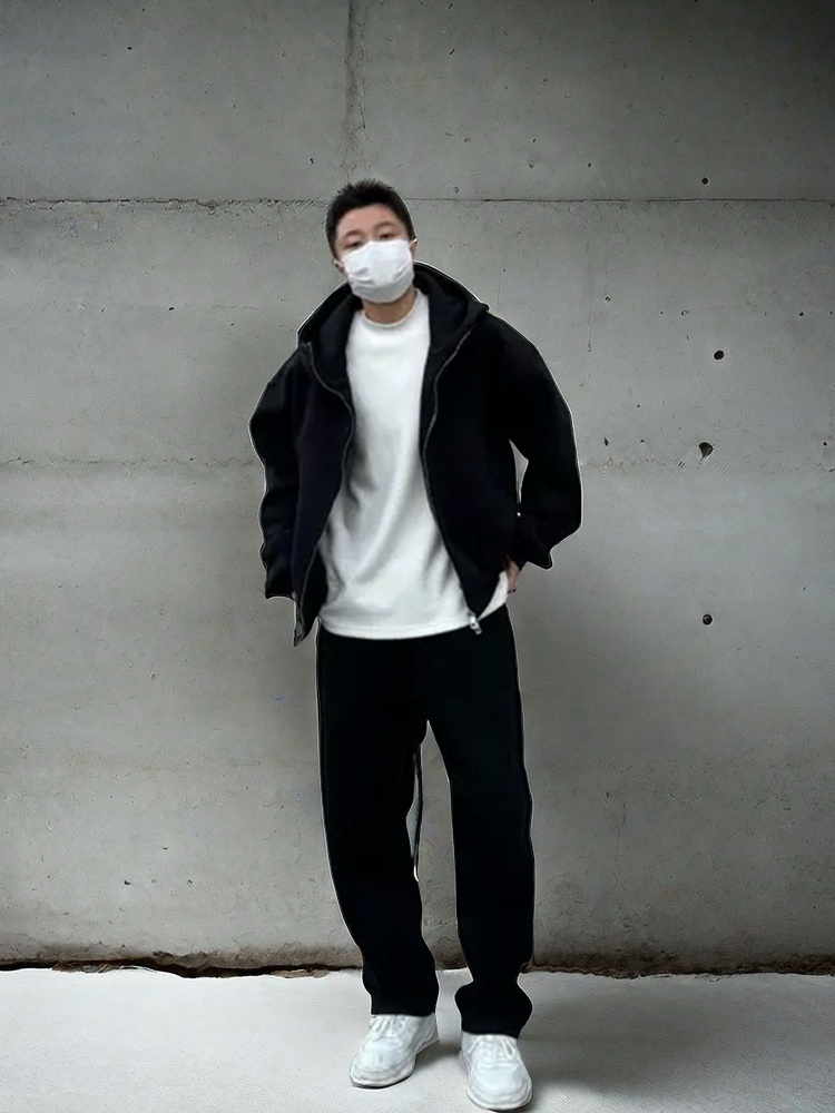 001 Tuta sportiva casual ispessita primaverile e autunnale per uomo, giacca con cappuccio larga, felpa, pantaloni della tuta, due pezzi, sensazione di alta qualità_voghion.com