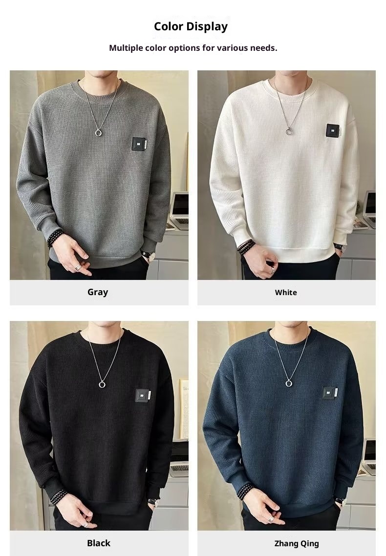 Sweat-shirt texturé pour homme, collection printemps-été, couleur unie, tendance 2023, coupe ample, col rond, style décontracté automne._voghion.com