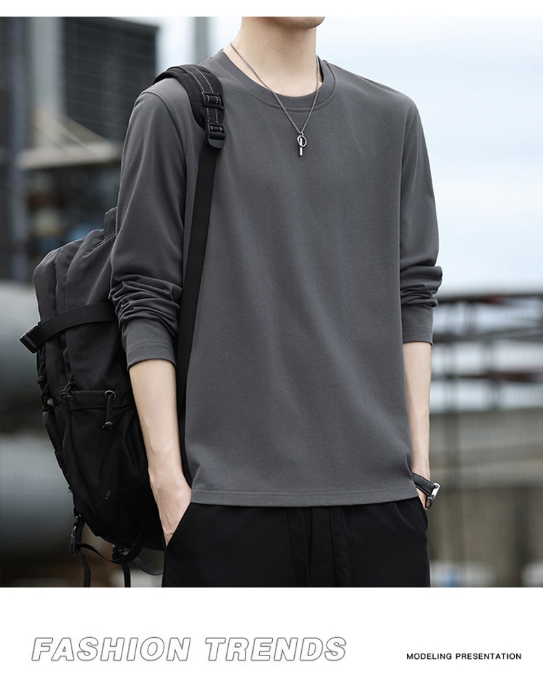 Erkek Çocuk Yüksek Kaliteli Düz Renk Uzun Kollu Tişört, İlkbahar ve Sonbahar Yuvarlak Yaka Bol Günlük Pamuklu Taban Gömlek, Erkek_voghion.com