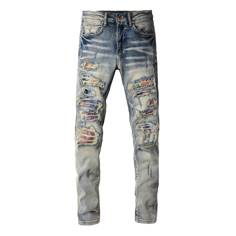 boy European And American High Street Ripped With Patches Slim Fit Stretch Jeans Men's Dropshipping Small Foot Pants 876_voghion.com