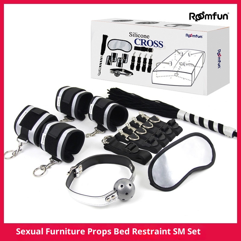 LuvBox Sexy SM One-Word Bed Binding Set Hand And Foot Cuffs Mouth Gag Ball Whip Eye Mask Adult Props_voghion.com