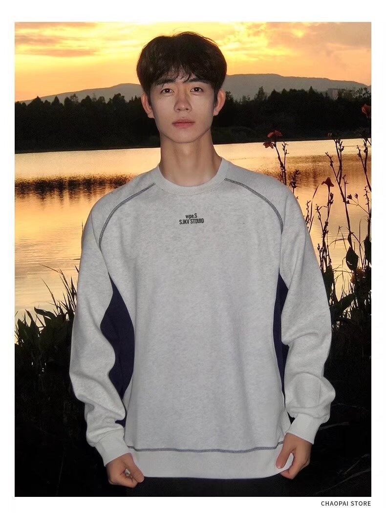 boy New Style Patchwork Navy Blue Crew Neck Fleece Sweatshirt Autumn Winter American Heavyweight Long Sleeve Men's Hoodless_voghion.com