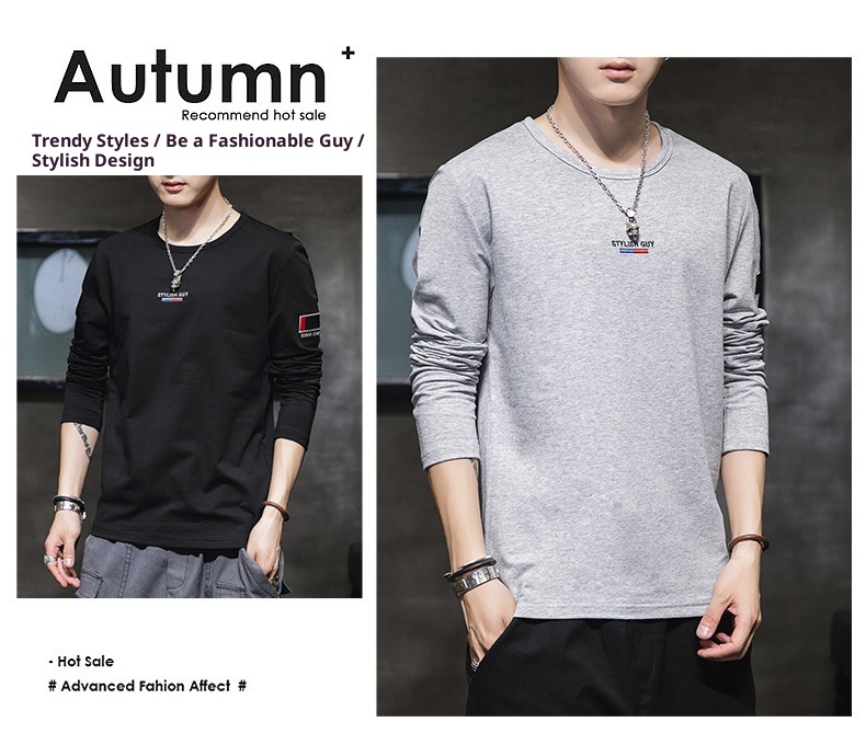 T-shirt à manches longues et col rond pour garçon, 100% coton, coupe ajustée, style sport, sweat-shirt imprimé tendance, t-shirt basique pour homme_voghion.com