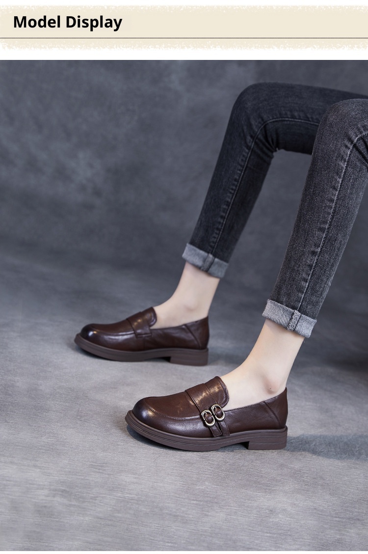 Elegante natuurlijke kleur toplaag echte leren damesschoenen retro Britse stijl lage hak zachte zool instappers_voghion.com