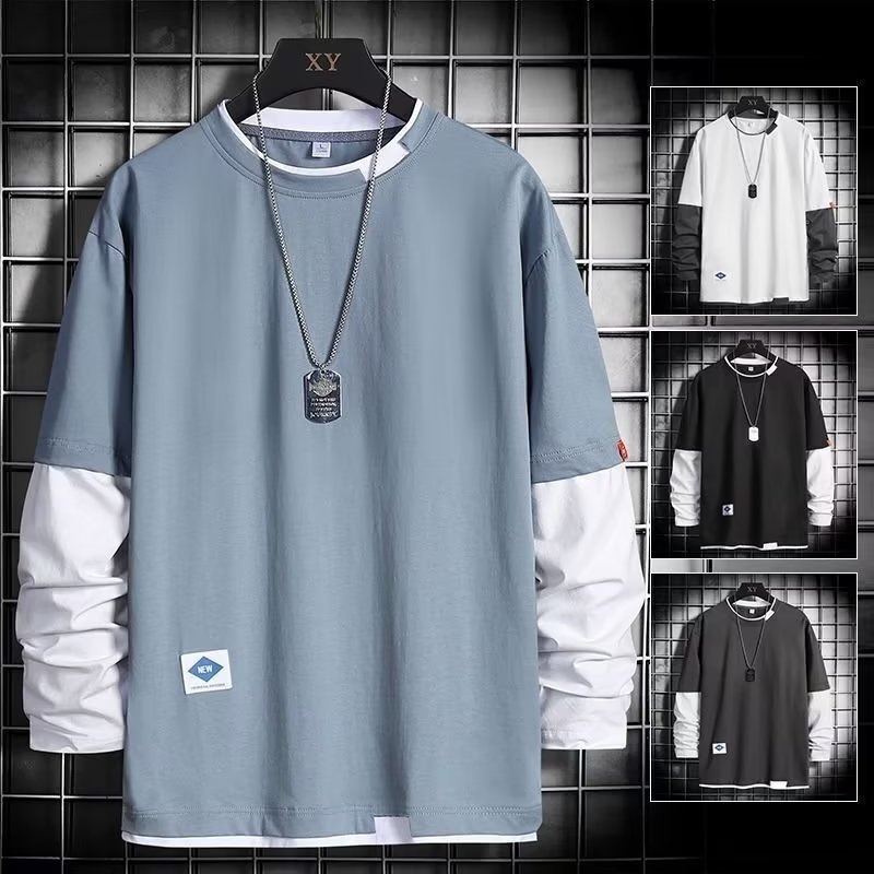 boy Spring And Autumn Sweatshirt For Men, Ins Trendy Brand, Loose Round Neck T-Shirt, Two-Piece Long Sleeve Clothing,_voghion.com