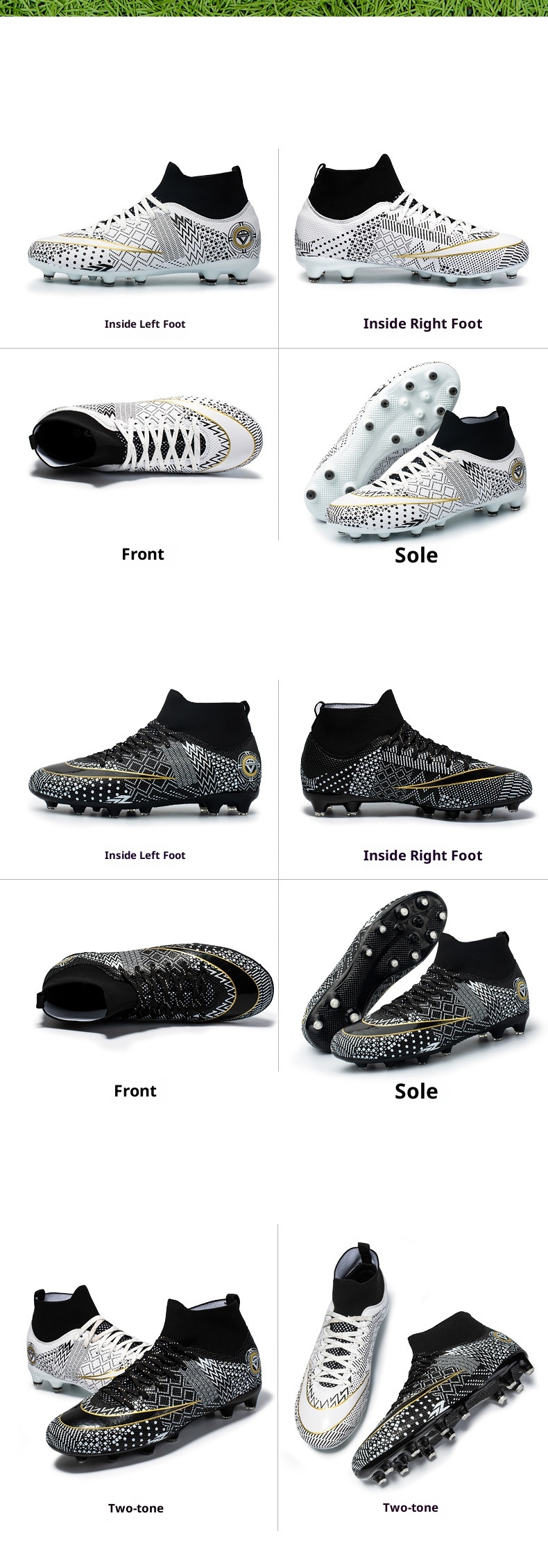 ShoeGlobe Zhenzu, scarpe da calcio alte con tacchetti lunghi in TPU per ragazzi e ragazze, modello Mandarin Duck, nere e bianche, dropshipping transfrontaliero_voghion.com