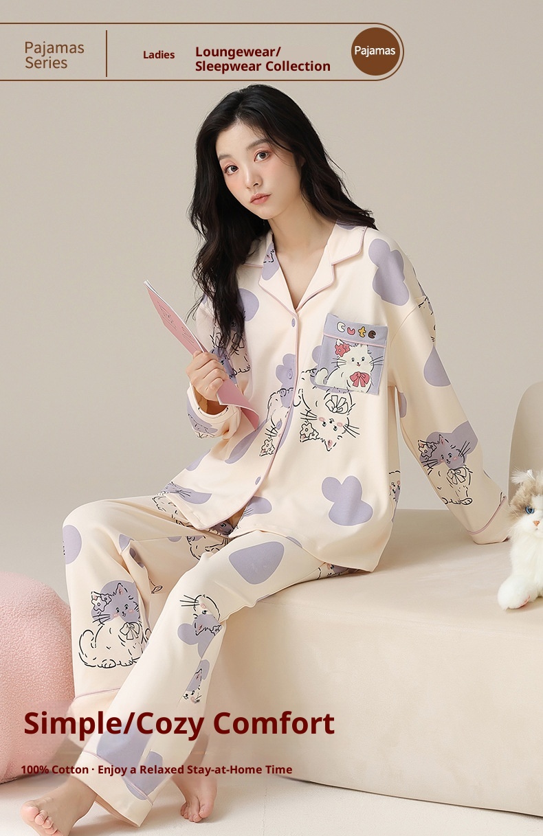 ChicShe 100% Coon Pajamas For Women Spring And Auumn 2025 New Long Sleeve Women's Cardigan Swee Caroon Wearable Homewear_voghion.com