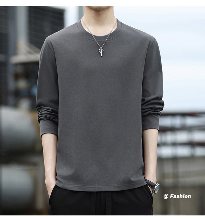 Erkek Çocuk Yüksek Kaliteli Düz Renk Uzun Kollu Tişört, İlkbahar ve Sonbahar Yuvarlak Yaka Bol Günlük Pamuklu Taban Gömlek, Erkek_voghion.com