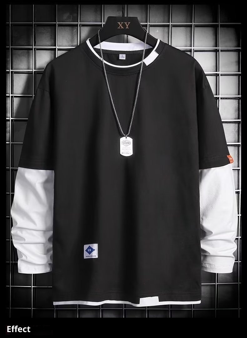 boy Spring And Autumn Sweatshirt For Men, Ins Trendy Brand, Loose Round Neck T-Shirt, Two-Piece Long Sleeve Clothing,_voghion.com