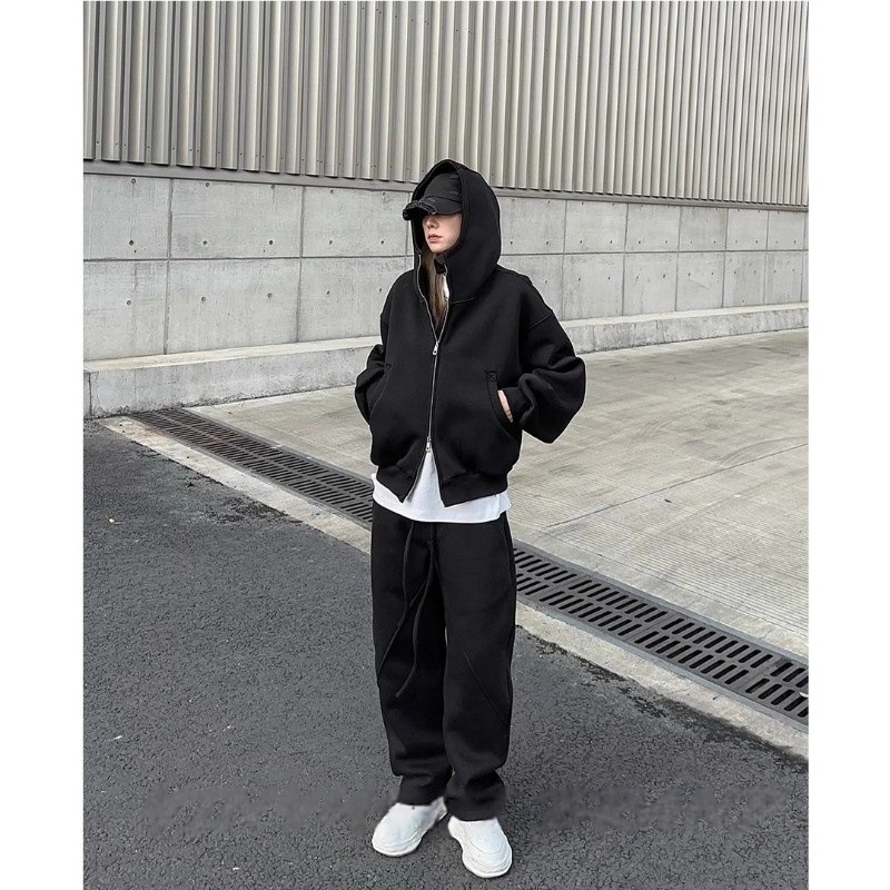 001 Tuta sportiva casual ispessita primaverile e autunnale per uomo, giacca con cappuccio larga, felpa, pantaloni della tuta, due pezzi, sensazione di alta qualità_voghion.com