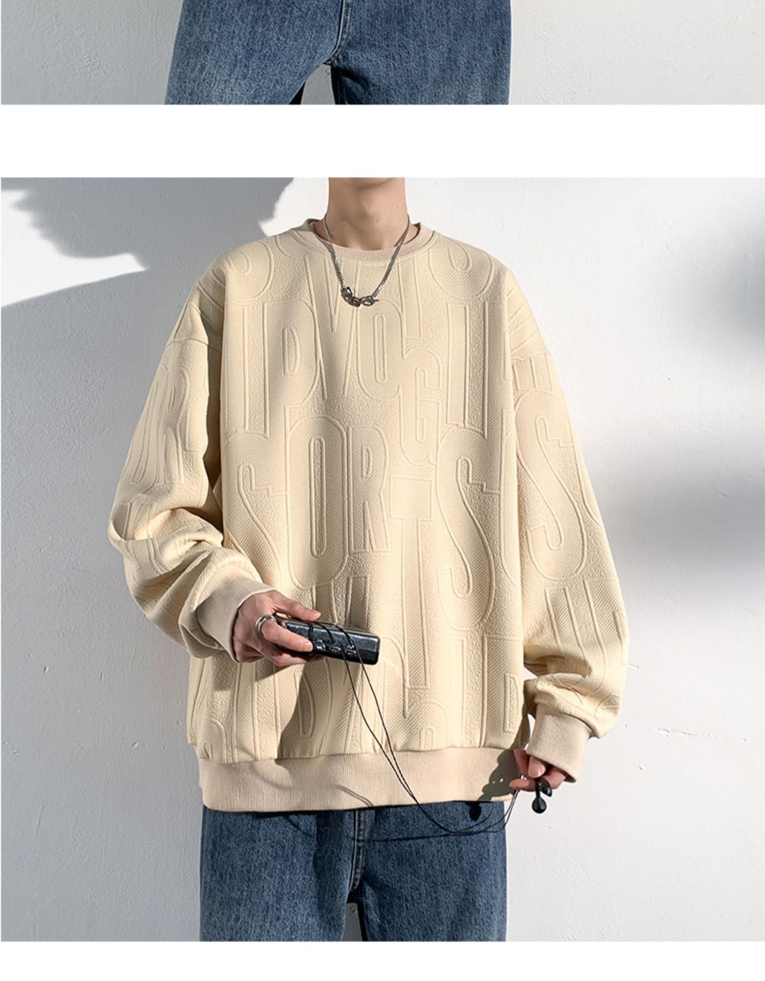 Herren-Jacquard-Sweatshirt, trendige Marke, hochwertiges Funktionsshirt, Oversized-Schnitt, amerikanischer Stil, Rundhalsausschnitt_voghion.com