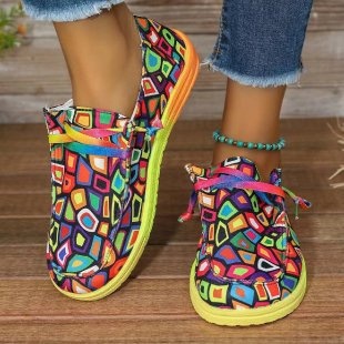 Neue, farbenfrohe, flache Damen-Schnürschuhe im europäischen und amerikanischen Stil mit Graffiti-Print in großen Größen._voghion.com