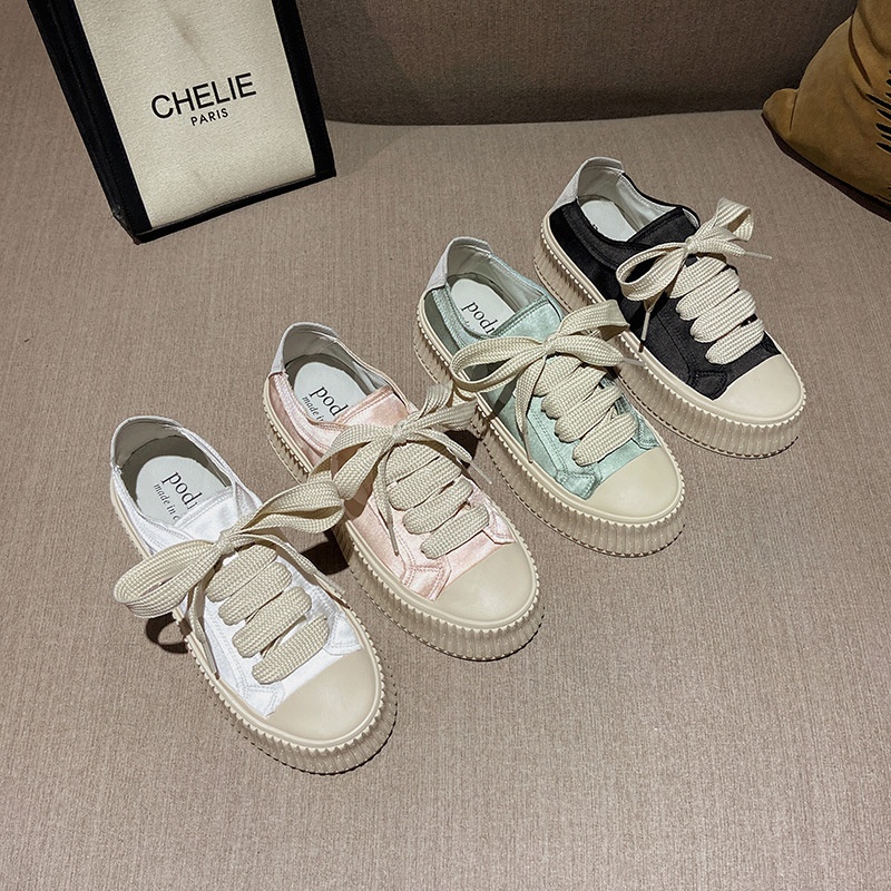 Versione in pelle di pecora, tela di raso spagnola per donna, suola spessa, altezza crescente, casual, versatile, con lacci, bianco per studenti_voghion.com