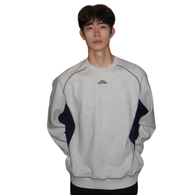 boy New Style Patchwork Navy Blue Crew Neck Fleece Sweatshirt Autumn Winter American Heavyweight Long Sleeve Men's Hoodless_voghion.com