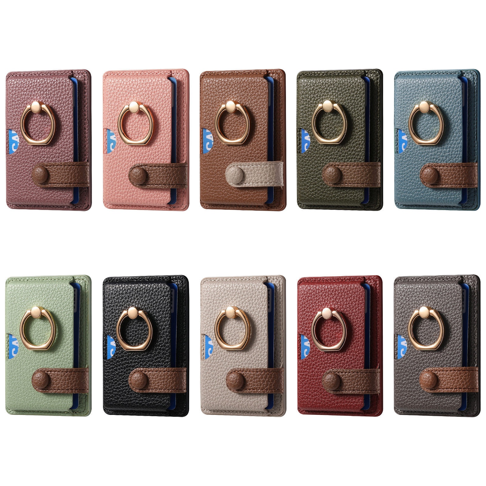 TechGlobe Lychee Pattern Oil Edge Ring Phone Sleeve Solid Stand Coin Purse Color Block Gift Back Sticker Card Holder_voghion.com