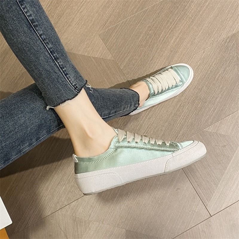 Scarpe sportive casual da donna in tela di raso bianco piatto con nicchia spagnola, primavera e autunno 2023_voghion.com