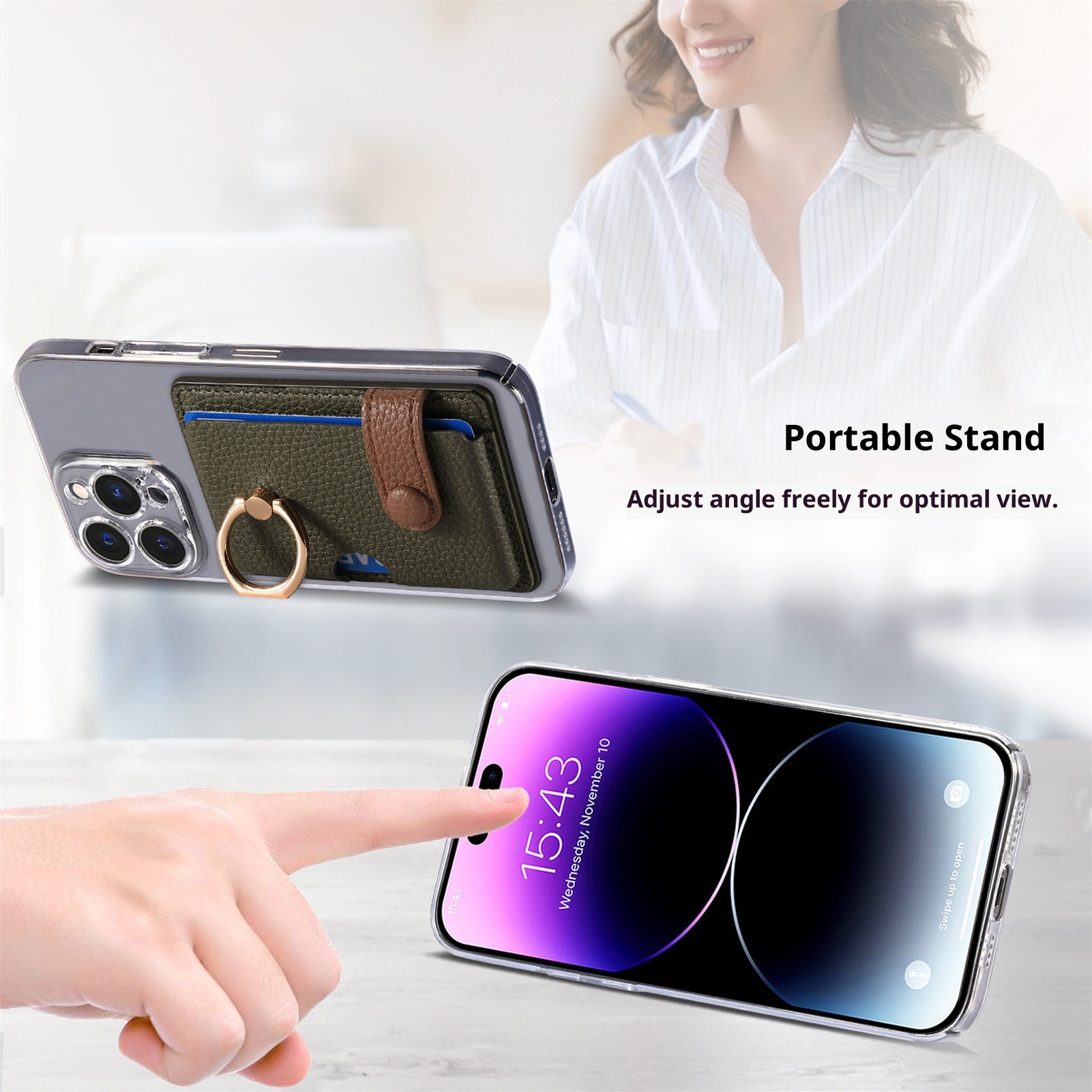 TechGlobe Lychee Pattern Oil Edge Ring Phone Sleeve Solid Stand Coin Purse Color Block Gift Back Sticker Card Holder_voghion.com