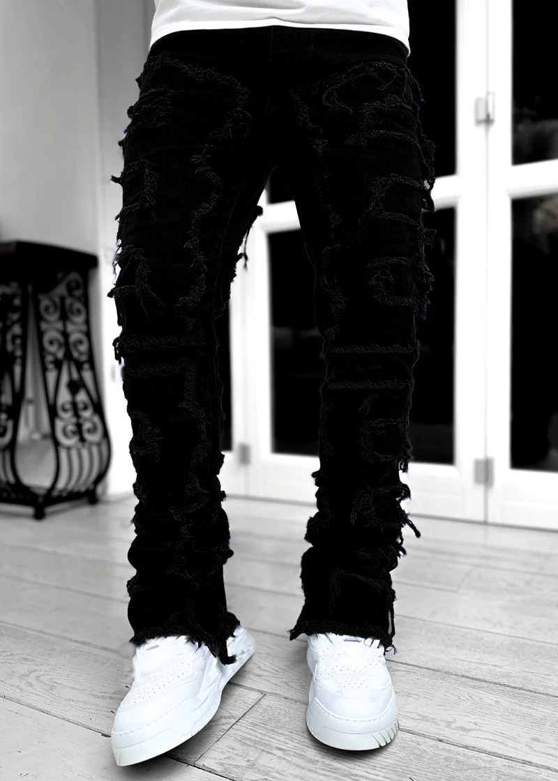 chłopiec Cross-Border Nowe męskie europejskie i amerykańskie spodnie uliczne Ins Hot Elastic Patch Denim Straight_voghion.com