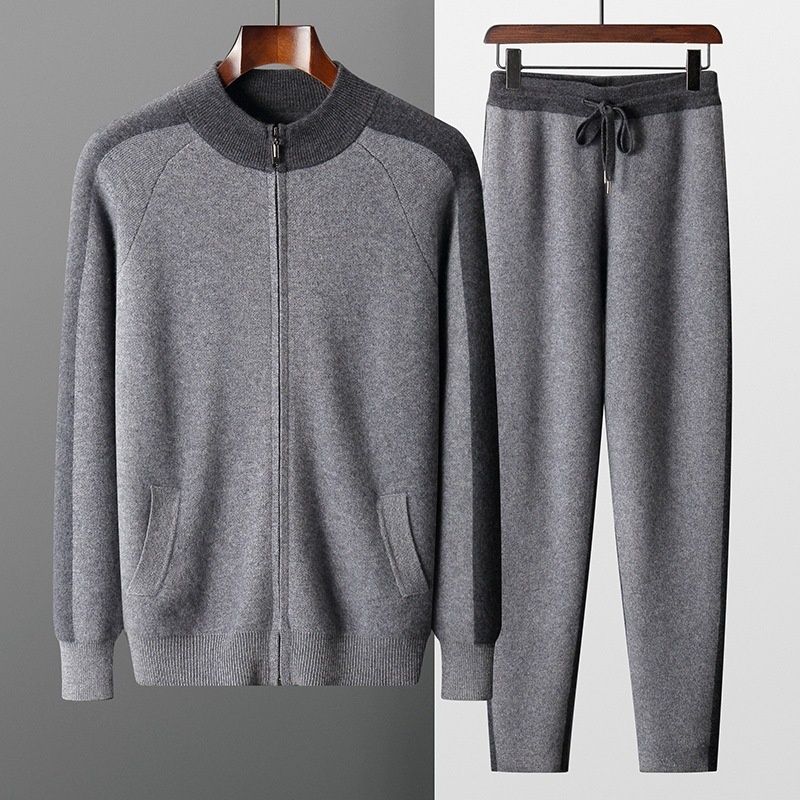 001 New Thickened Casual Sports Cashmere Suit For Men, Half Turtleneck Wool Sweater, Zipper Knitted Cardigan, Loose Pants_voghion.com