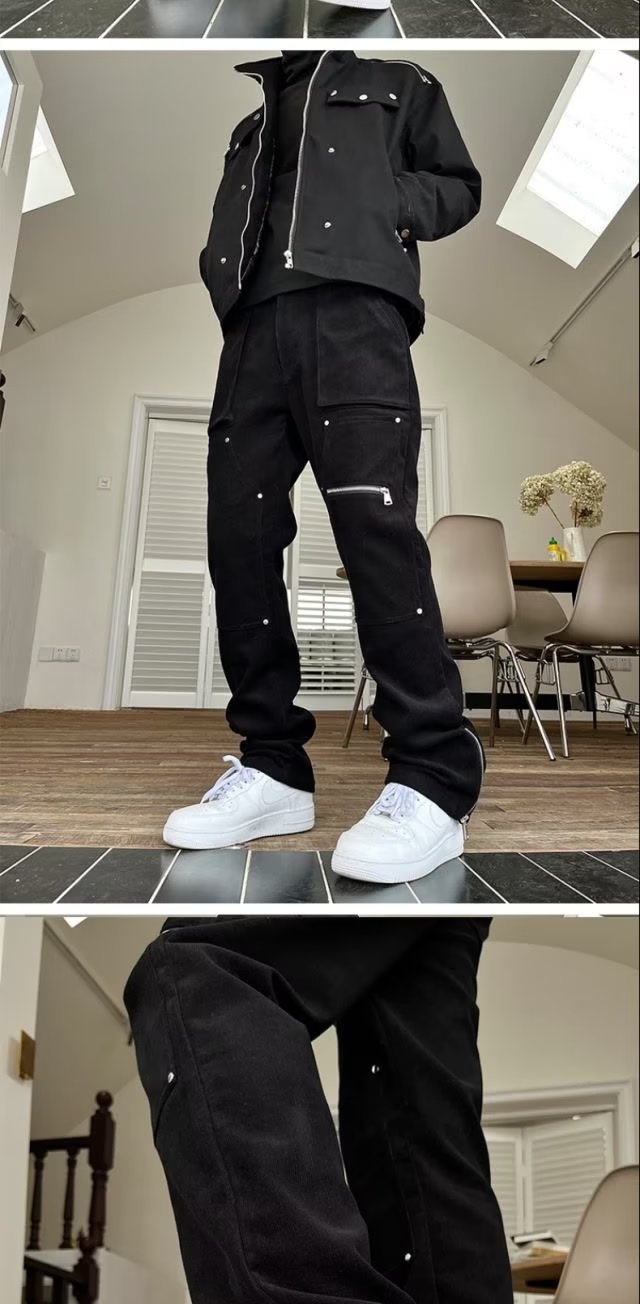 Pantaloni cargo con cerniera divisi per uomo, stile hip hop americano, alla moda, jeans dritti slim fit, dropshipping_voghion.com