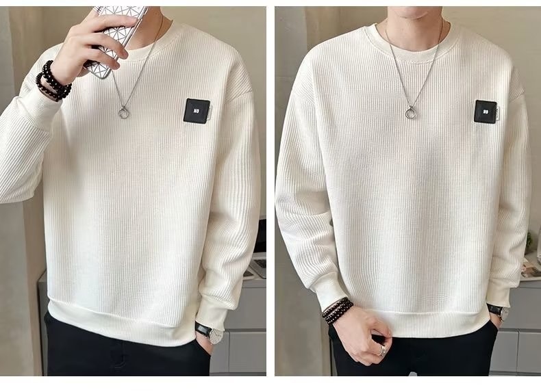 Sweat-shirt texturé pour homme, collection printemps-été, couleur unie, tendance 2023, coupe ample, col rond, style décontracté automne._voghion.com