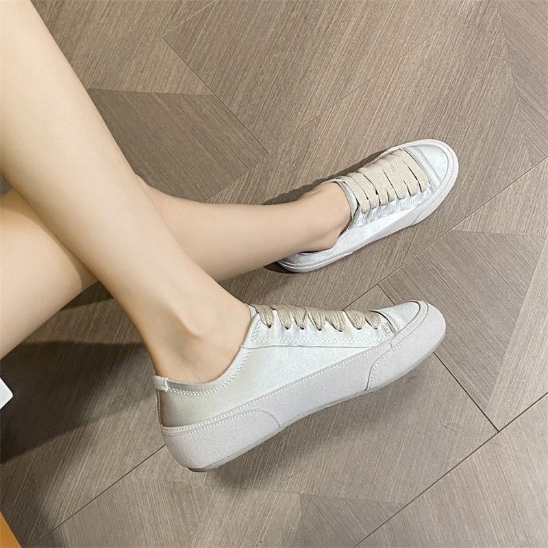 Scarpe sportive casual da donna in tela di raso bianco piatto con nicchia spagnola, primavera e autunno 2023_voghion.com