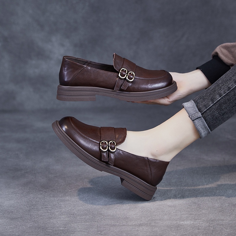 Elegante natuurlijke kleur toplaag echte leren damesschoenen retro Britse stijl lage hak zachte zool instappers_voghion.com