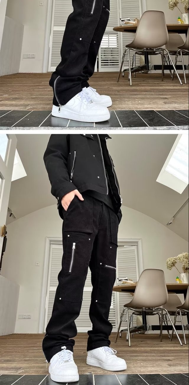 Pantaloni cargo con cerniera divisi per uomo, stile hip hop americano, alla moda, jeans dritti slim fit, dropshipping_voghion.com