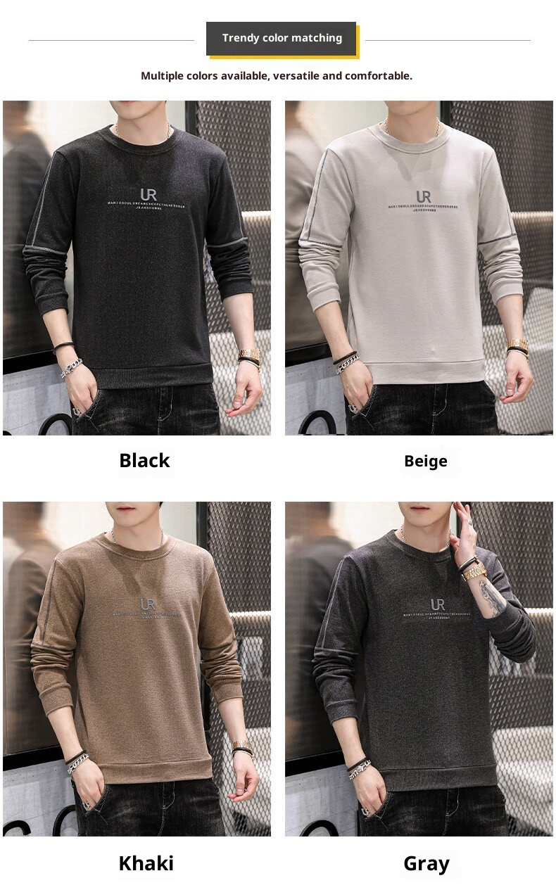 boy 2025 Crew Neck Stretch Warm Sweatshirt Youth Base Shirt Trendy Fleece Lined Thickened Long Sleeve T-Shirt Men's Top_voghion.com