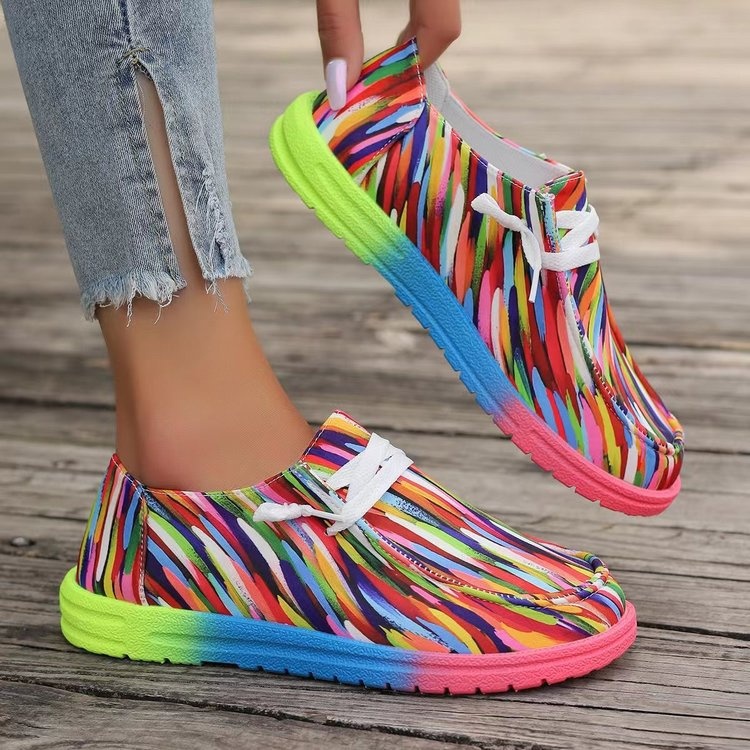 Neue, farbenfrohe, flache Damen-Schnürschuhe im europäischen und amerikanischen Stil mit Graffiti-Print in großen Größen._voghion.com