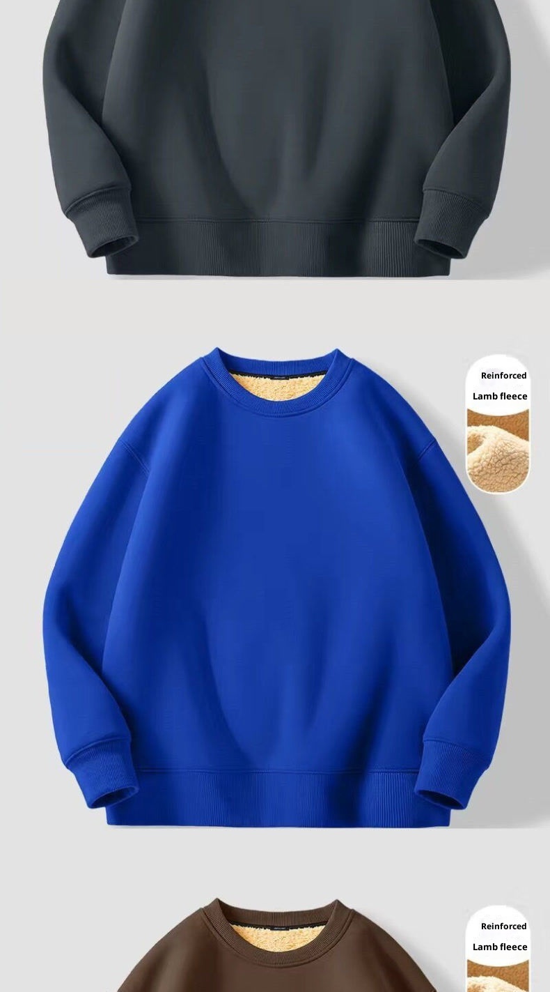 Erkekler İçin Sonbahar ve Kış Polar Astarlı Sweatshirt, Kalınlaştırılmış Stil, Öğrenci Çift Giyim, Kuzu Yünü Sıcak Yuvarlak Yaka_voghion.com