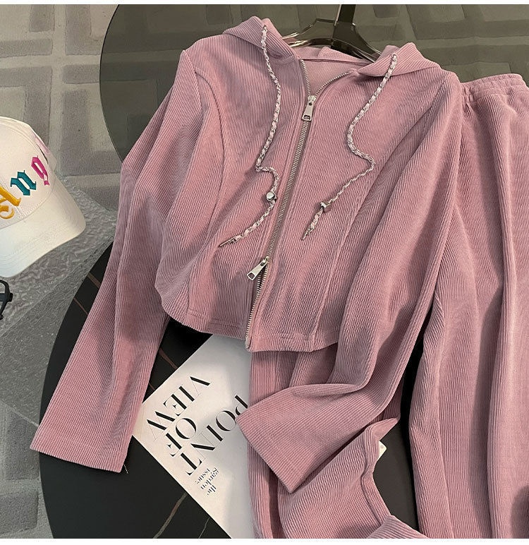 001 Europees stijl casual roze sportpak voor vrouwen vroege herfst 2024 nieuwe losse split wijde broek tweedelig set #882_voghion.com