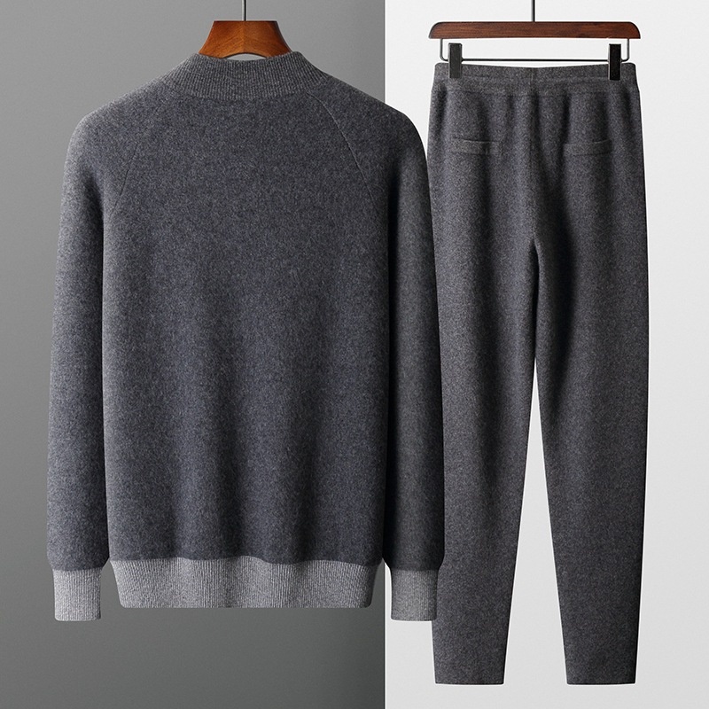 001 Neuer, dicker, lässiger Kaschmiranzug für Herren, bestehend aus einem Wollpullover mit halbem Rollkragen, einer Strickjacke mit Reißverschluss und einer locker sitzenden Hose._voghion.com