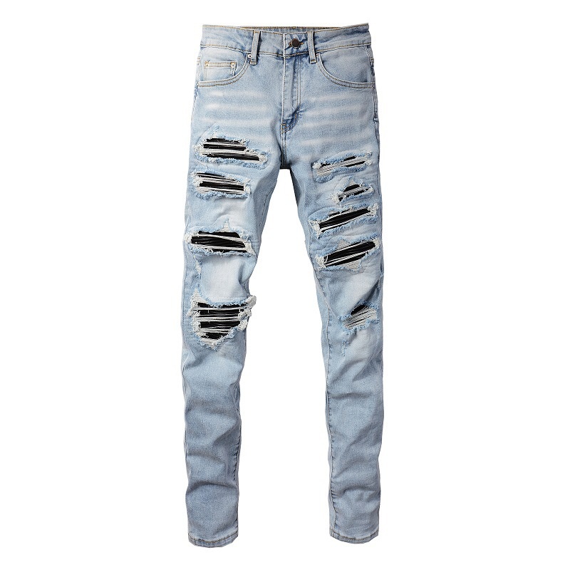 boy European And American High Street Men's Patch Handmade Ripped Slim Fit Skinny Jeans 1307_voghion.com