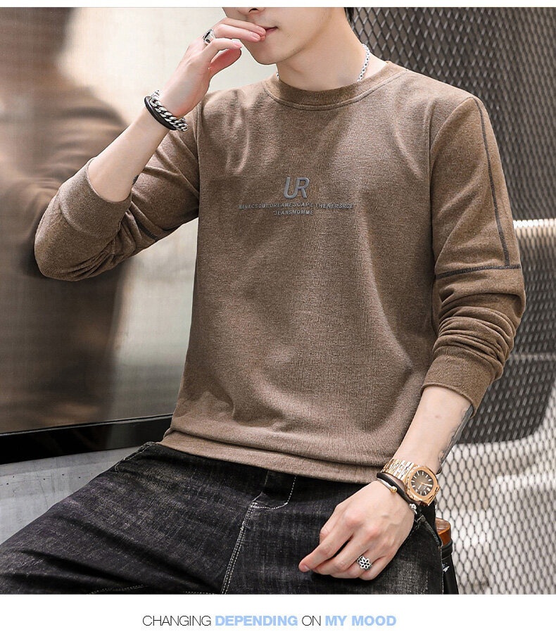 boy 2025 Crew Neck Stretch Warm Sweatshirt Youth Base Shirt Trendy Fleece Lined Thickened Long Sleeve T-Shirt Men's Top_voghion.com