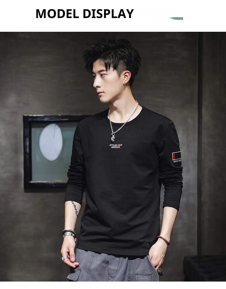 T-shirt à manches longues et col rond pour garçon, 100% coton, coupe ajustée, style sport, sweat-shirt imprimé tendance, t-shirt basique pour homme_voghion.com