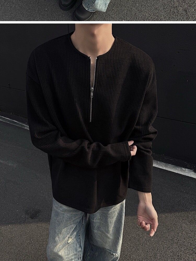 boy American Style Half-Zip Henry Collar T-Shirt For Men, Spring And Autumn Cleanfit Long Sleeve Base Layer, Tough Guy_voghion.com