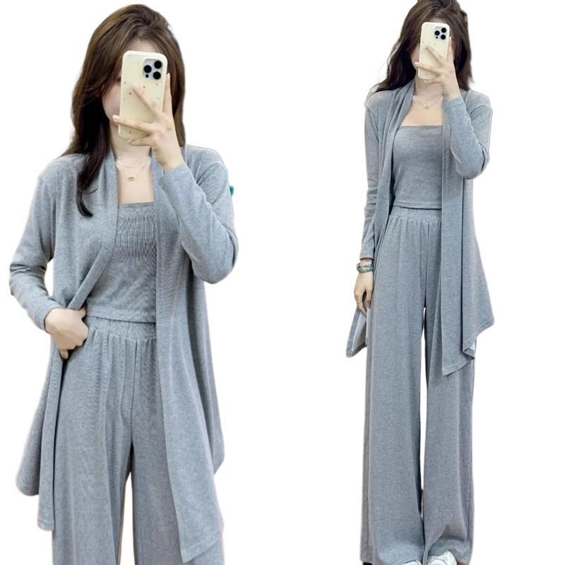 001 2025 Primavera e Autunno Nuovi Pantaloni Larghi alla Moda Snellenti a Maniche Lunghe per Le Donne Set da Tre Pezzi_voghion.com