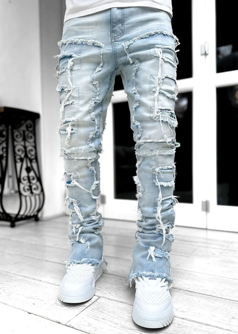 chłopiec Cross-Border Nowe męskie europejskie i amerykańskie spodnie uliczne Ins Hot Elastic Patch Denim Straight_voghion.com