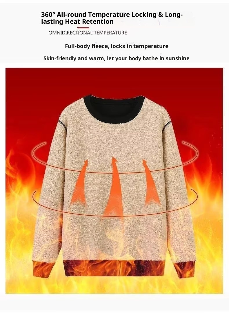 boy Lamb Wool Crew Neck Sweatshirt For Men, Autumn And Winter Thickened Fleece Base Shirt, Solid Color Pullover, Warm Loose_voghion.com