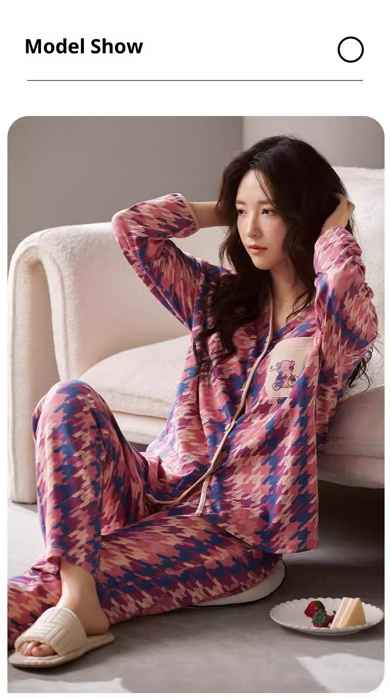 ChicShe Winter Langarmpyjama mit Brustpolstern für Damen, lockere Passform, süße Strickjacke, Übergröße, zweiteiliges Herbst-Homewear-Set_voghion.com